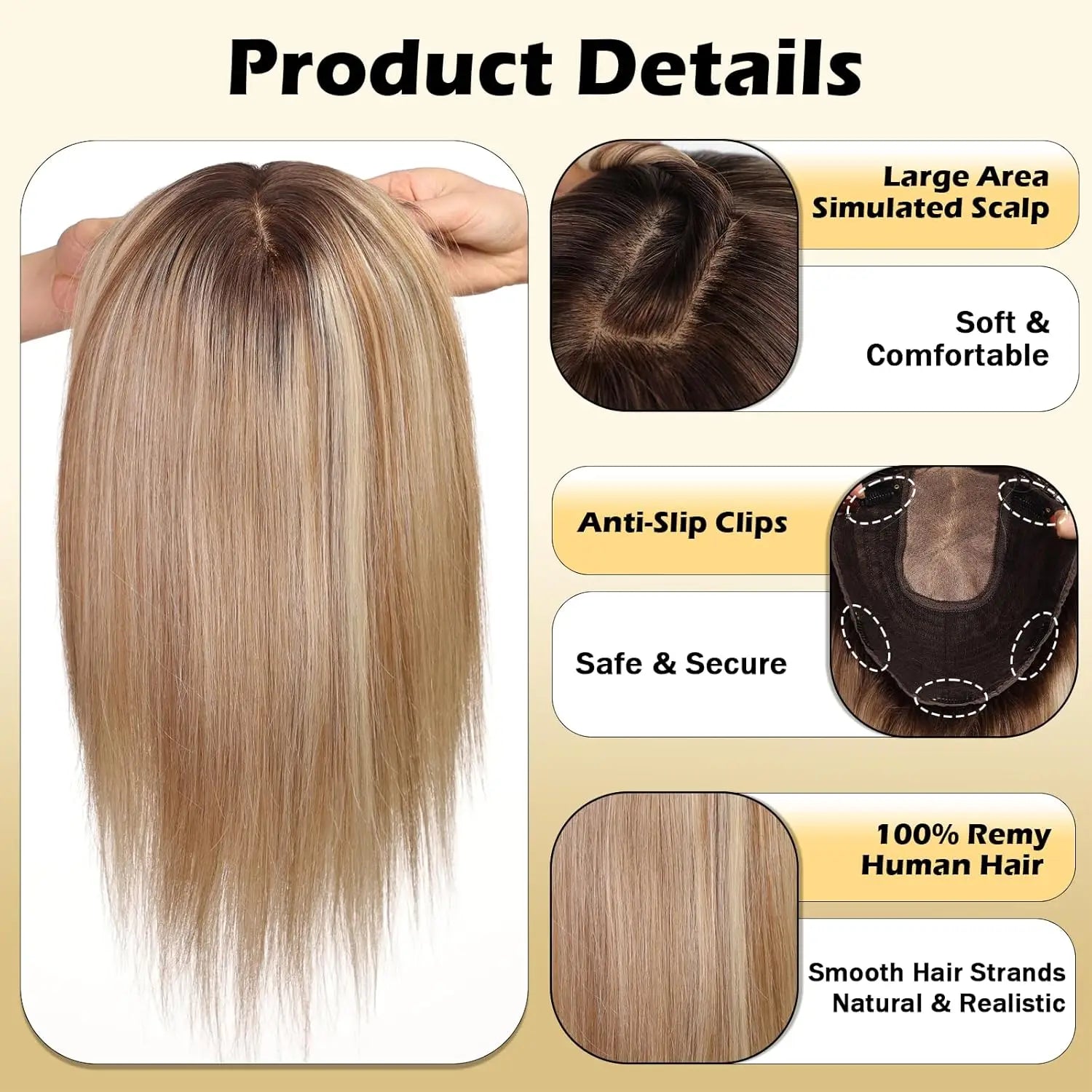 9x9 Inch Human Hair Topper | Large Base Hairpiece with Brown Highlights | 16-Inch Natural Hair Solution by SmoothWigs - Smooth Wigs
