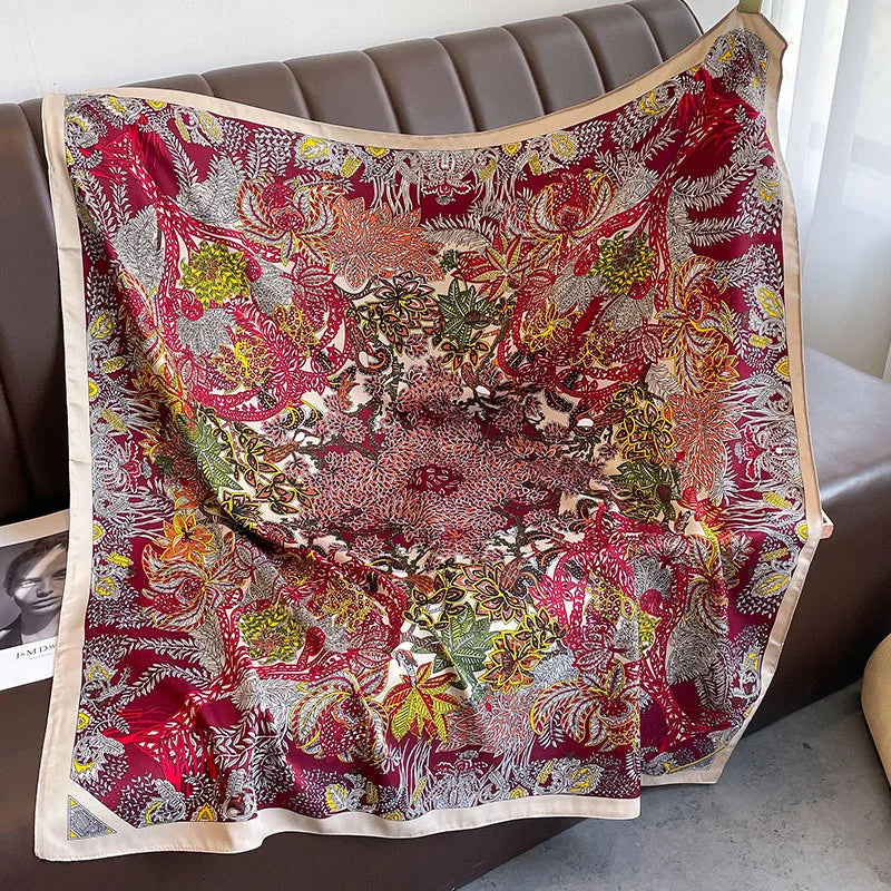 90x90cm Luxury Twill Silk-Feel Scarf | Women's Head Wrap &amp; Shawl with Elegant Hair Tree Print | Versatile Neck Scarf - Smooth Wigs