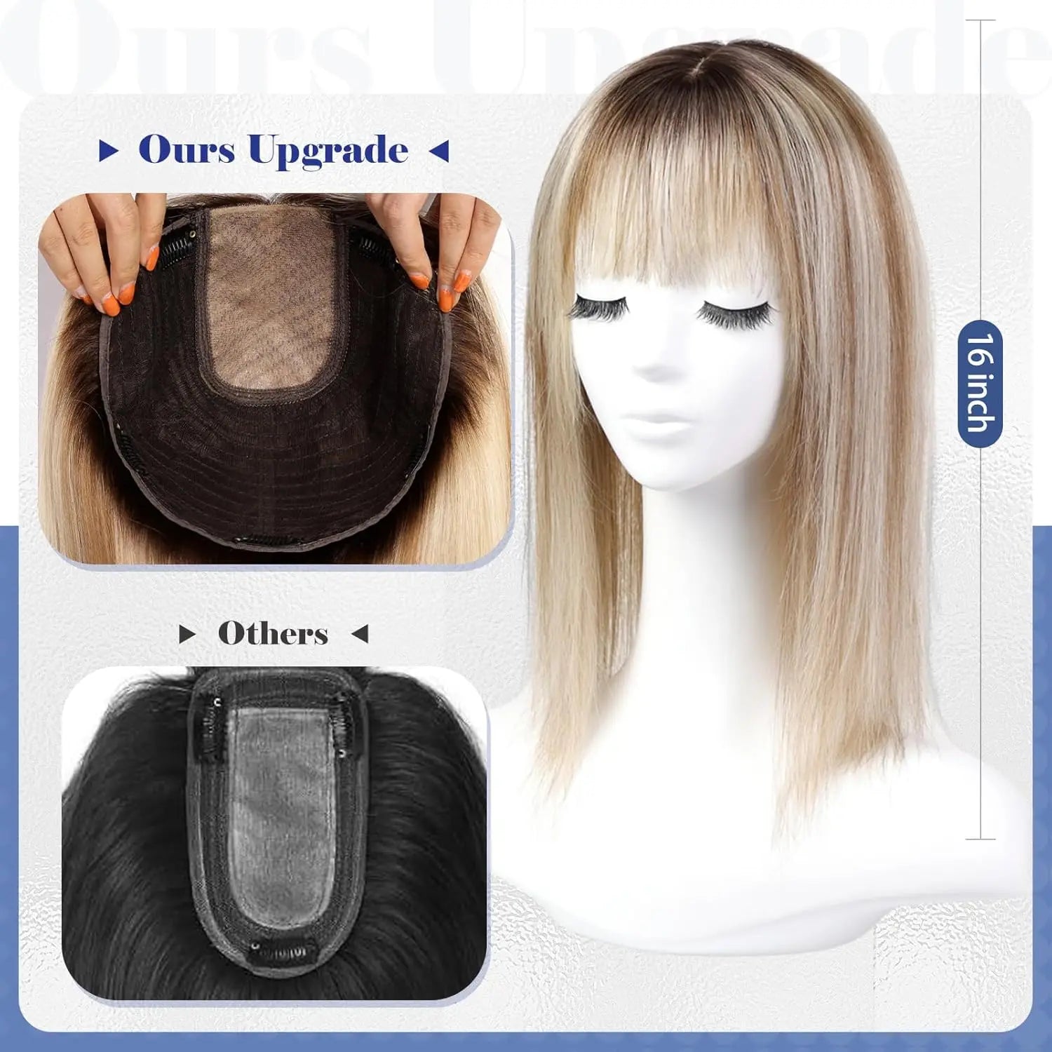 9x9 Inch Human Hair Topper | Large Base Hairpiece with Brown Highlights | 16-Inch Natural Hair Solution by SmoothWigs - Smooth Wigs