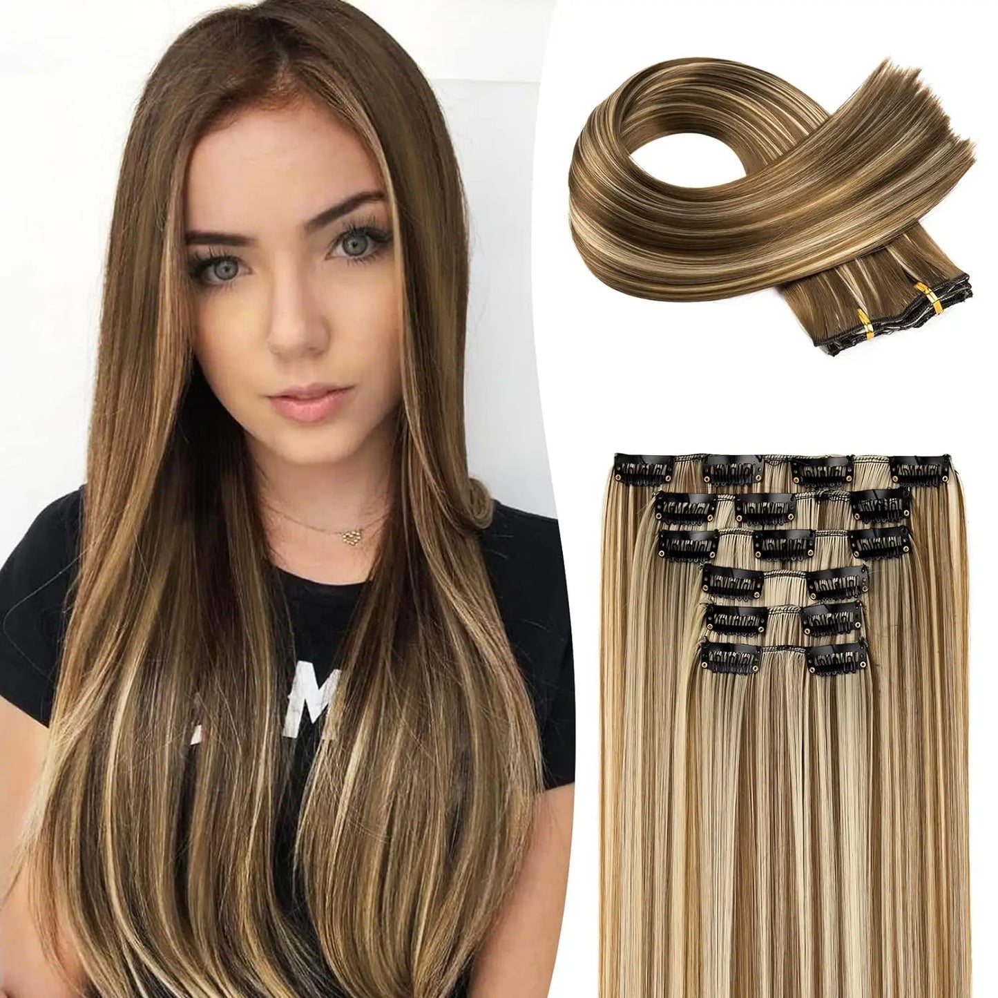 Clip-In Hair Extensions | Thick Long Lace Weft Synthetic Hairpieces for Women | Lightweight &amp; Easy to Style - Smooth Wigs