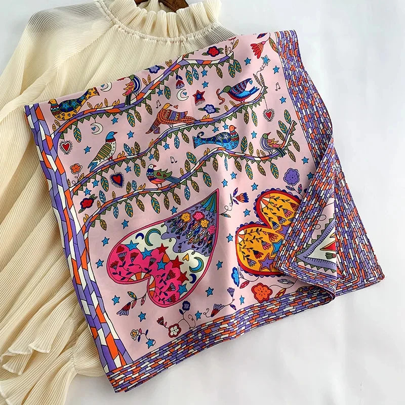 90x90cm Luxury Twill Silk-Feel Scarf | Women's Head Wrap &amp; Shawl with Elegant Hair Tree Print | Versatile Neck Scarf - Smooth Wigs