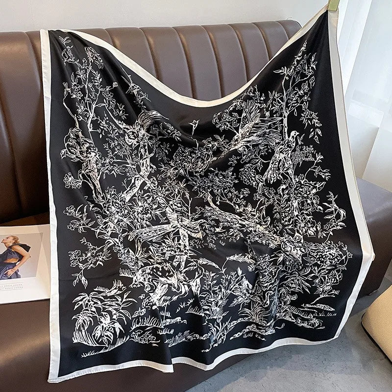 90x90cm Luxury Twill Silk-Feel Scarf | Women's Head Wrap &amp; Shawl with Elegant Hair Tree Print | Versatile Neck Scarf - Smooth Wigs