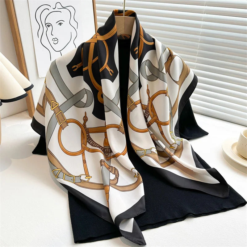 90x90cm Luxury Twill Silk-Feel Scarf | Women's Head Wrap &amp; Shawl with Elegant Hair Tree Print | Versatile Neck Scarf - Smooth Wigs