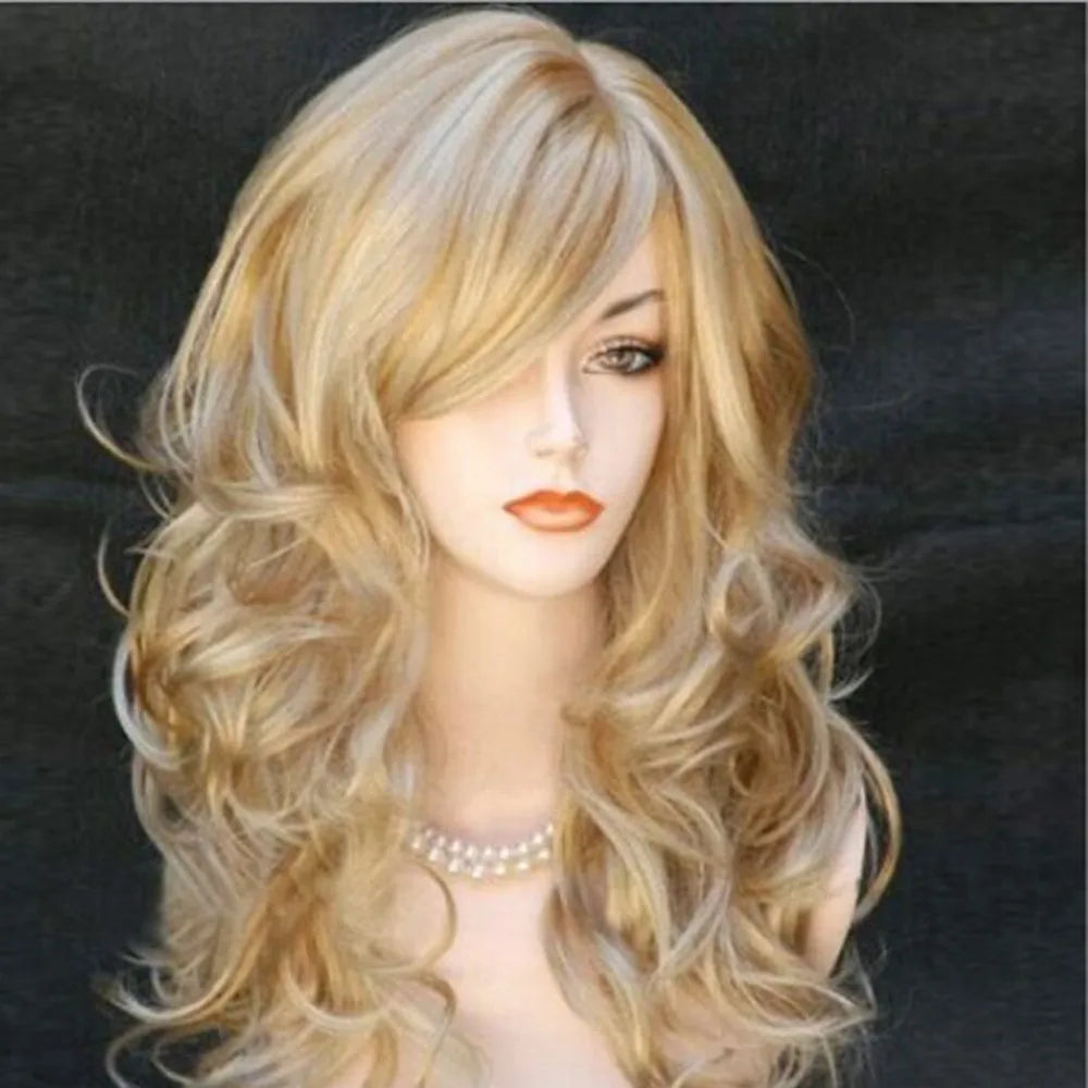 Golden Long Curly Wig | Transparent Lace Front Heat-Resistant Fiber Wig | Blonde Party Costume for Women - Smooth Wigs