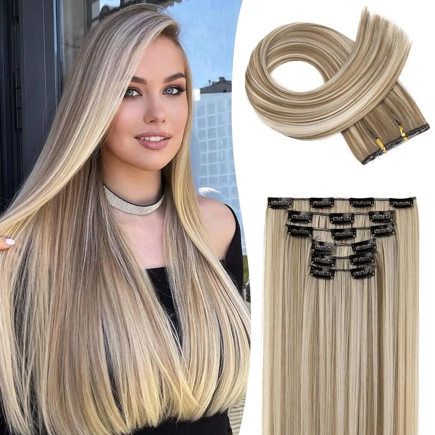 Clip-In Hair Extensions | Thick Long Lace Weft Synthetic Hairpieces for Women | Lightweight &amp; Easy to Style - Smooth Wigs