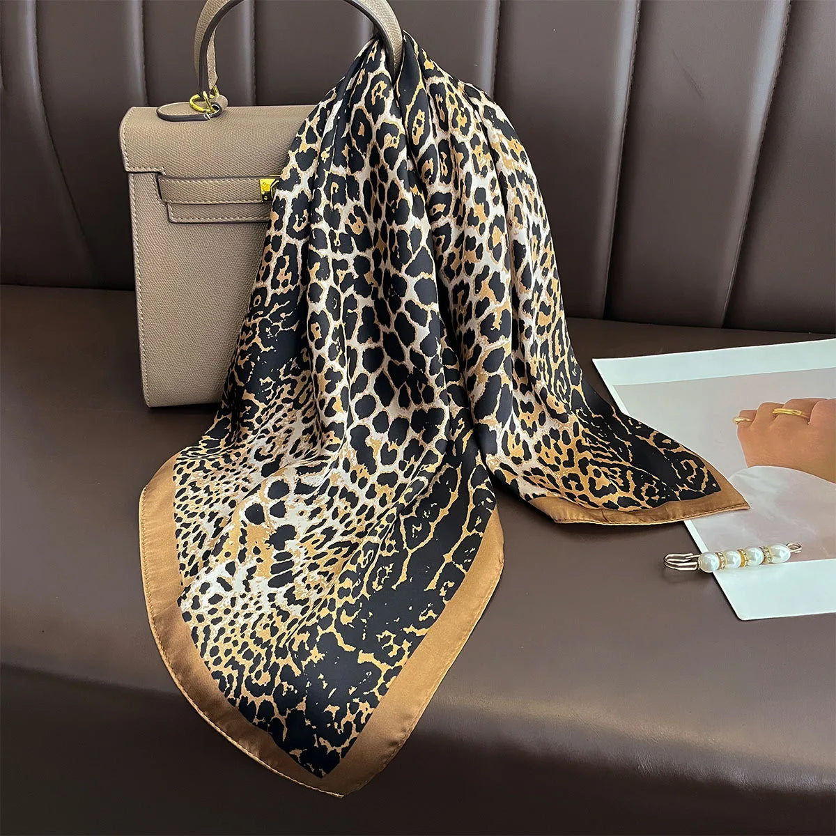 Luxury Leopard Print Square Scarf | Soft Satin Bandana & Vintage Head Wrap | Windproof Shawl for Travel& Beach - Smooth Wigs