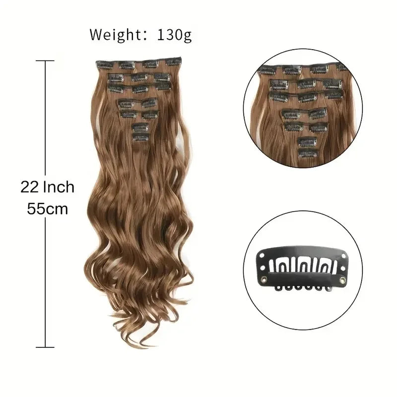 7-Piece 22-Inch Clip-In Hair Extensions | Long Curly Wavy Synthetic Hair Pieces | Natural-Looking Full Head Extensions for Women & Girls - Smooth Wigs