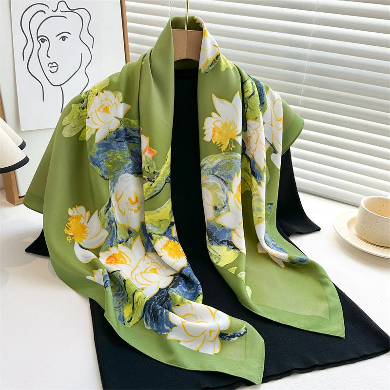 90x90cm Luxury Twill Silk-Feel Scarf | Women's Head Wrap &amp; Shawl with Elegant Hair Tree Print | Versatile Neck Scarf - Smooth Wigs