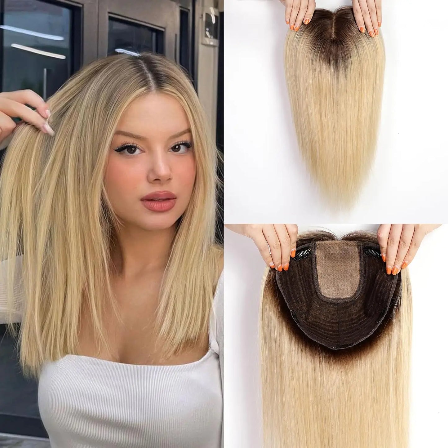 9x9 Inch Human Hair Topper | Large Base Hairpiece with Brown Highlights | 16-Inch Natural Hair Solution by SmoothWigs - Smooth Wigs