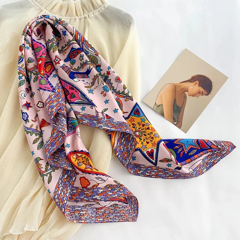 90x90cm Luxury Twill Silk-Feel Scarf | Women's Head Wrap &amp; Shawl with Elegant Hair Tree Print | Versatile Neck Scarf - Smooth Wigs