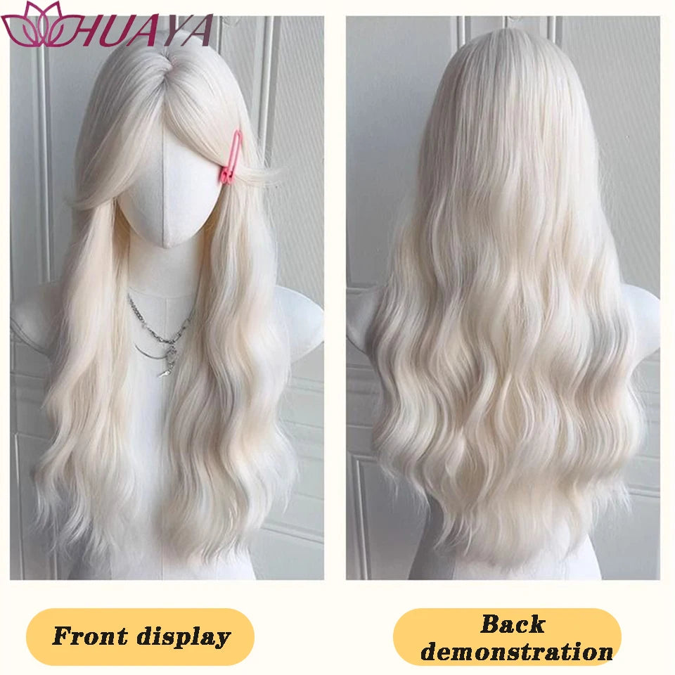 Long Curly White Gold Wig | Full Head Eight-Character Bangs | Nautral Wig with Big Waves by SmoothWigs - Smooth Wigs