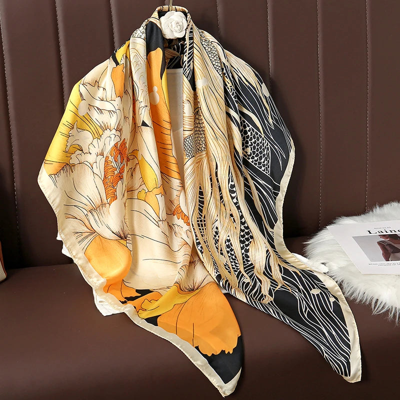 110cm Luxury Silk Square Scarf | Women's Large Shawl &amp; Hijab | 2025 Designer Print Beach Wrap &amp; Foulard Echarpe - Smooth Wigs