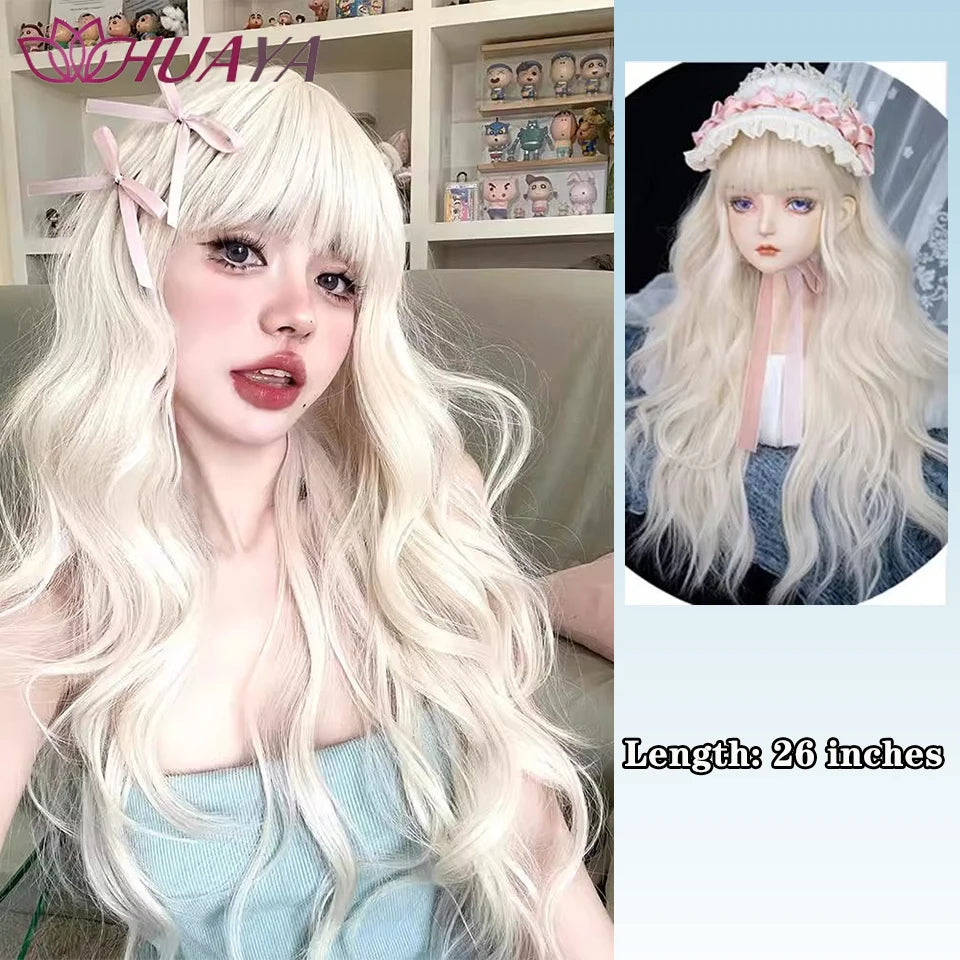 Long Curly White Gold Wig | Full Head Eight-Character Bangs | Nautral Wig with Big Waves by SmoothWigs - Smooth Wigs