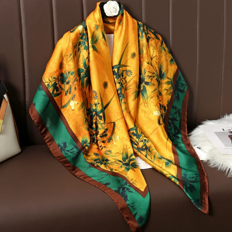 110cm Luxury Silk Square Scarf | Women's Large Shawl &amp; Hijab | 2025 Designer Print Beach Wrap &amp; Foulard Echarpe - Smooth Wigs