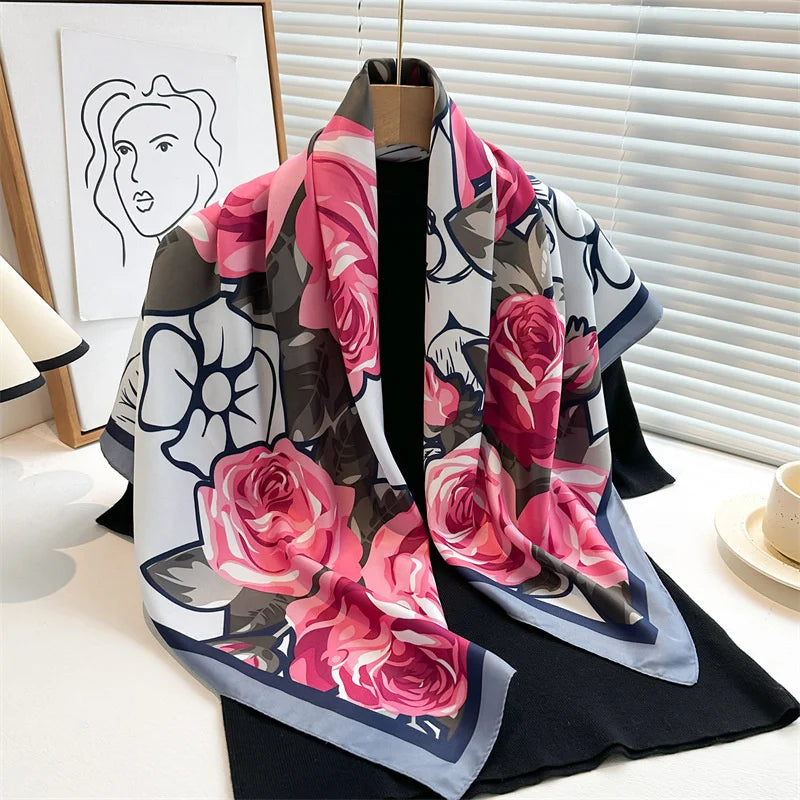 90x90cm Luxury Twill Silk-Feel Scarf | Women's Head Wrap &amp; Shawl with Elegant Hair Tree Print | Versatile Neck Scarf - Smooth Wigs