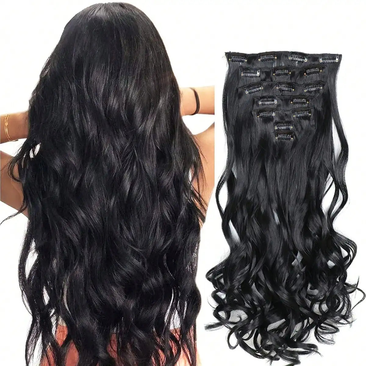 7-Piece 22-Inch Clip-In Hair Extensions | Long Curly Wavy Synthetic Hair Pieces | Natural-Looking Full Head Extensions for Women & Girls - Smooth Wigs