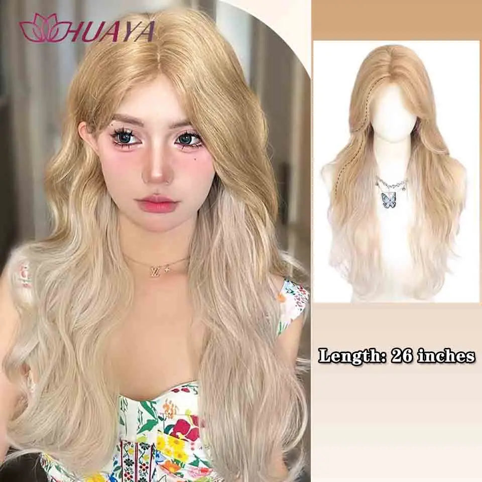 Long Curly White Gold Wig | Full Head Eight-Character Bangs | Nautral Wig with Big Waves by SmoothWigs - Smooth Wigs