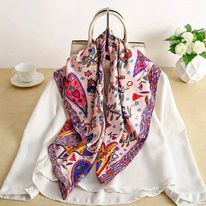 90x90cm Luxury Twill Silk-Feel Scarf | Women's Head Wrap &amp; Shawl with Elegant Hair Tree Print | Versatile Neck Scarf - Smooth Wigs