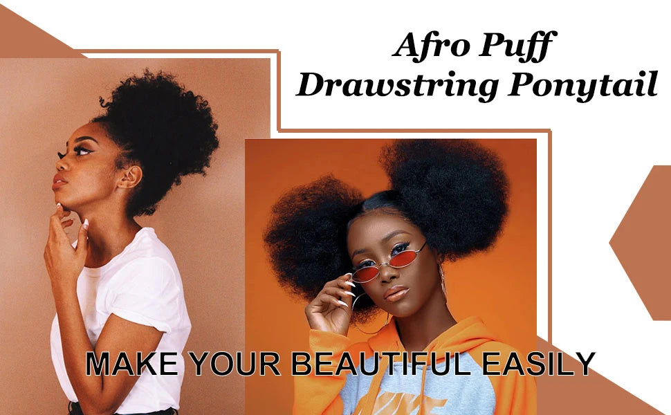 Large Afro Puff Ponytail | Kinky Curly Hair Bun with Drawstring &amp; Clips | Updo Extensions for Black Women - Smooth Wigs