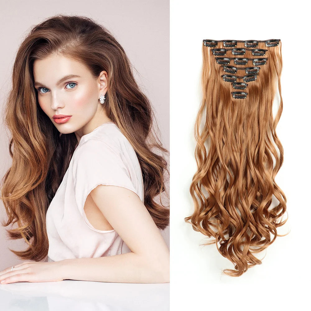 7-Piece 22-Inch Clip-In Hair Extensions | Long Curly Wavy Synthetic Hair Pieces | Natural-Looking Full Head Extensions for Women & Girls - Smooth Wigs