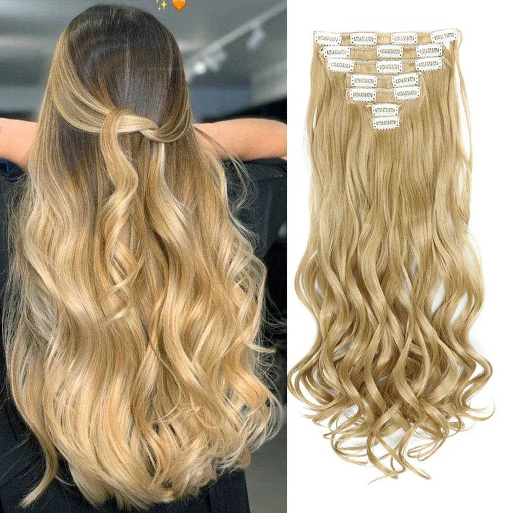 7-Piece 22-Inch Clip-In Hair Extensions | Long Curly Wavy Synthetic Hair Pieces | Natural-Looking Full Head Extensions for Women & Girls - Smooth Wigs