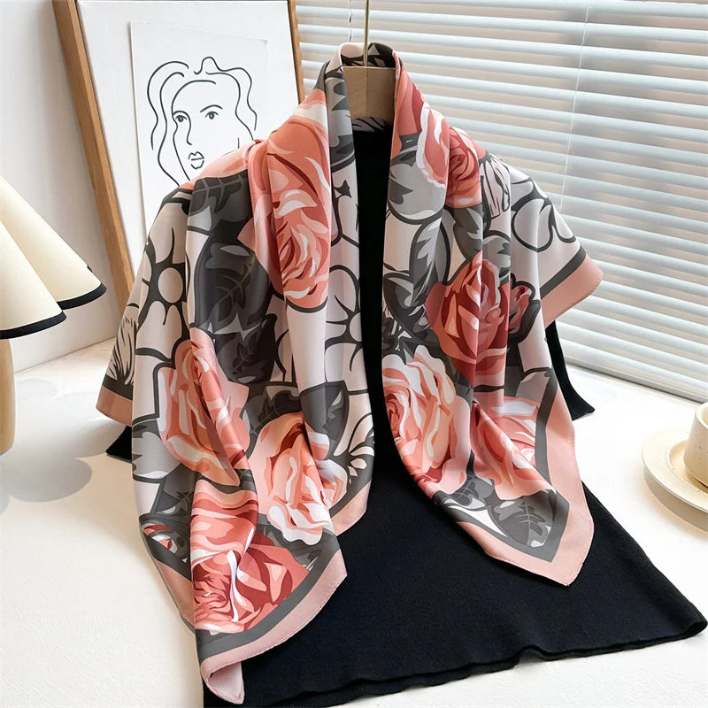 90x90cm Luxury Twill Silk-Feel Scarf | Women's Head Wrap &amp; Shawl with Elegant Hair Tree Print | Versatile Neck Scarf - Smooth Wigs
