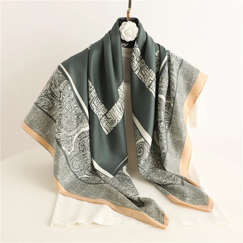 90x90cm Luxury Twill Silk-Feel Scarf | Women's Head Wrap &amp; Shawl with Elegant Hair Tree Print | Versatile Neck Scarf - Smooth Wigs