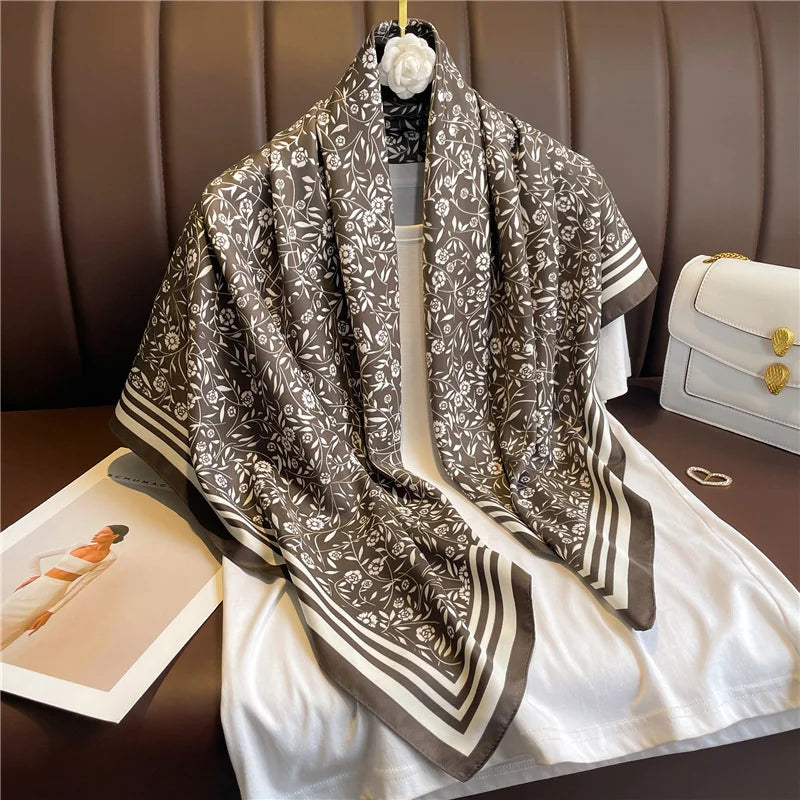 90x90cm Luxury Twill Silk-Feel Scarf | Women's Head Wrap &amp; Shawl with Elegant Hair Tree Print | Versatile Neck Scarf - Smooth Wigs