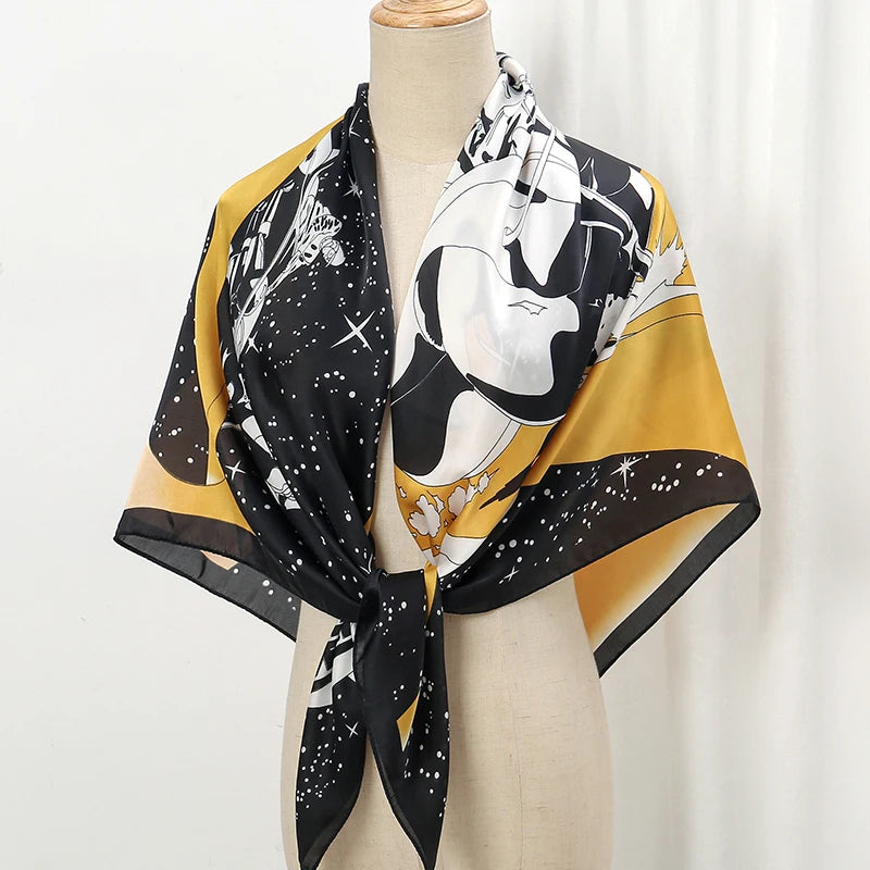 110cm Luxury Silk Square Scarf | Women's Large Shawl &amp; Hijab | 2025 Designer Print Beach Wrap &amp; Foulard Echarpe - Smooth Wigs
