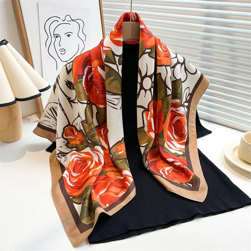 90x90cm Luxury Twill Silk-Feel Scarf | Women's Head Wrap &amp; Shawl with Elegant Hair Tree Print | Versatile Neck Scarf - Smooth Wigs