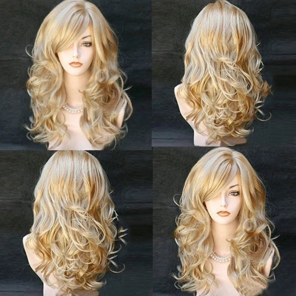 Golden Long Curly Wig | Transparent Lace Front Heat-Resistant Fiber Wig | Blonde Party Costume for Women - Smooth Wigs