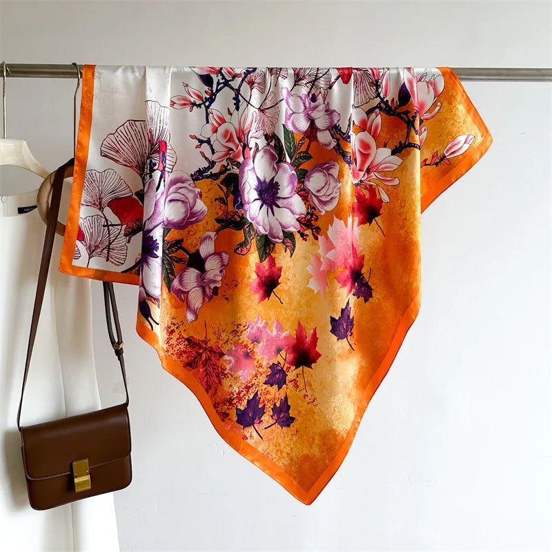 90x90cm Luxury Twill Silk-Feel Scarf | Women's Head Wrap &amp; Shawl with Elegant Hair Tree Print | Versatile Neck Scarf - Smooth Wigs