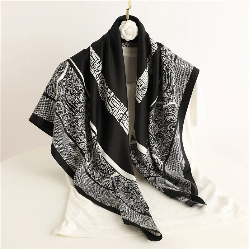 90x90cm Luxury Twill Silk-Feel Scarf | Women's Head Wrap &amp; Shawl with Elegant Hair Tree Print | Versatile Neck Scarf - Smooth Wigs