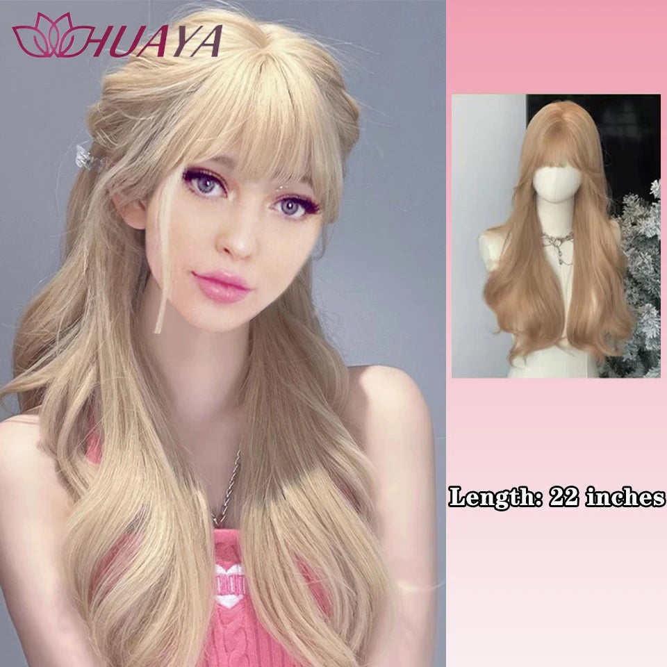 Long Curly White Gold Wig | Full Head Eight-Character Bangs | Nautral Wig with Big Waves by SmoothWigs - Smooth Wigs