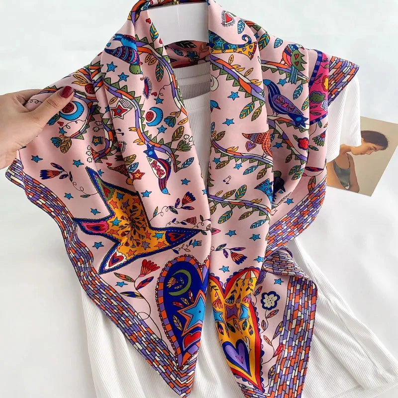 90x90cm Luxury Twill Silk-Feel Scarf | Women's Head Wrap &amp; Shawl with Elegant Hair Tree Print | Versatile Neck Scarf - Smooth Wigs