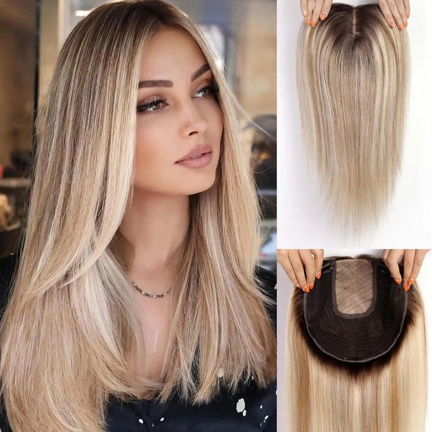 9x9 Inch Human Hair Topper | Large Base Hairpiece with Brown Highlights | 16-Inch Natural Hair Solution by SmoothWigs - Smooth Wigs