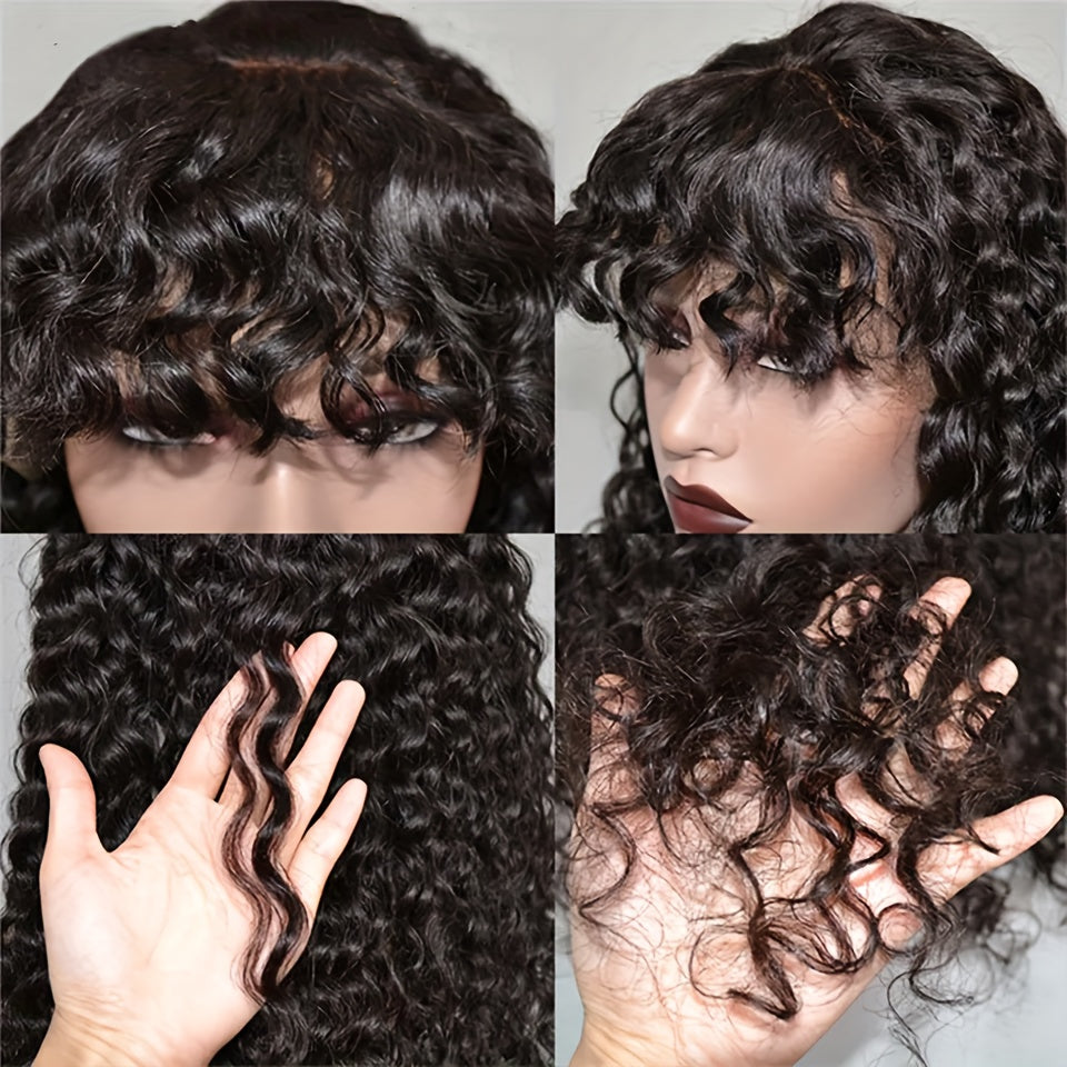 Natural Look 10inch Curly Human Hair Wig - Shoulder Length Wig With Bangs For Women - 180 Density