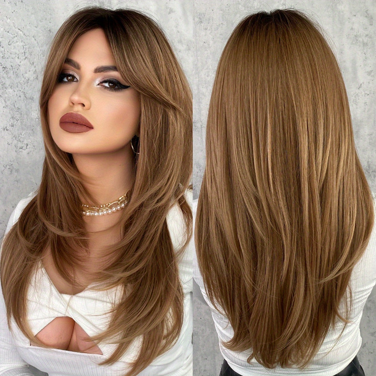 Heat Resistant Long Wavy Honey Blonde Wig with Bangs for Women - Natural Synthetic Brown Wig with Layered Style