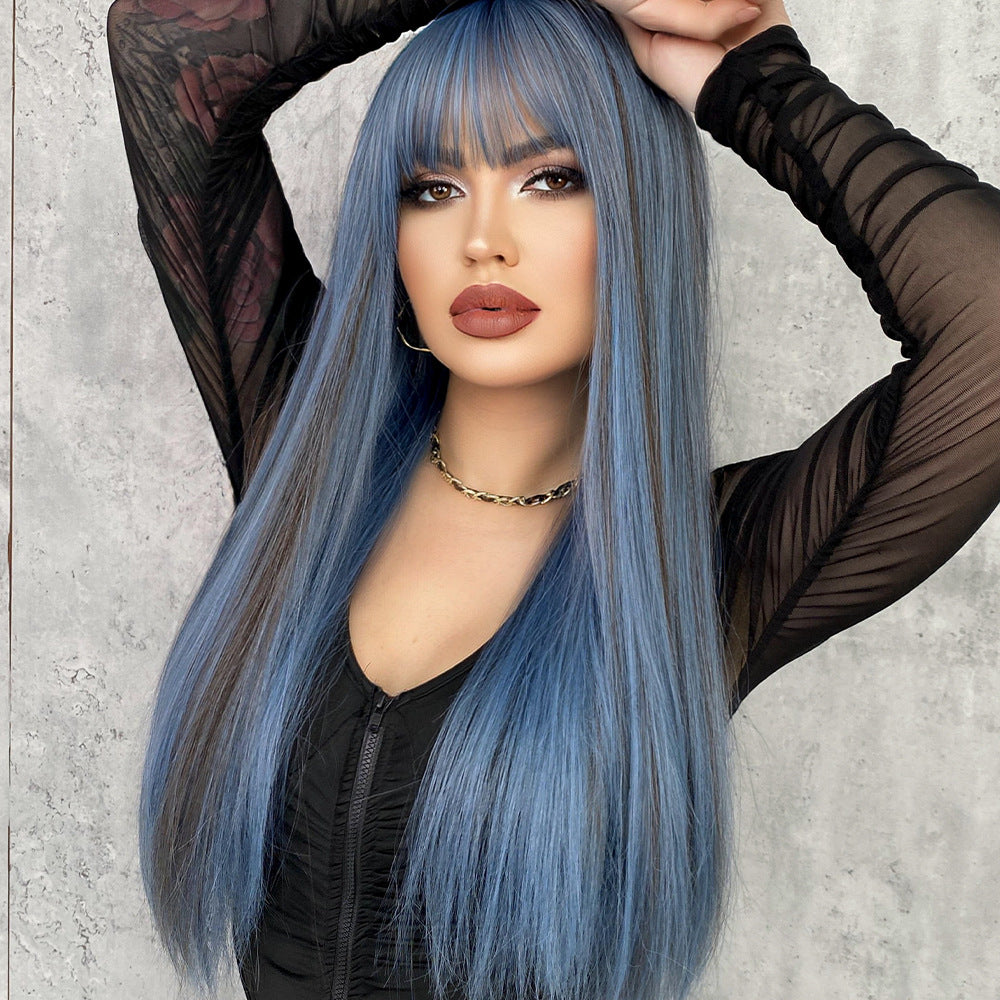 Long Ash Blue Straight Heat Resistant Wig with Bangs - Natural Looking Synthetic Hair for Bachelorette Party, Cosplay, Music Festival and Fantasy Themed Events - Versatile and Easy to Style Wig for Women