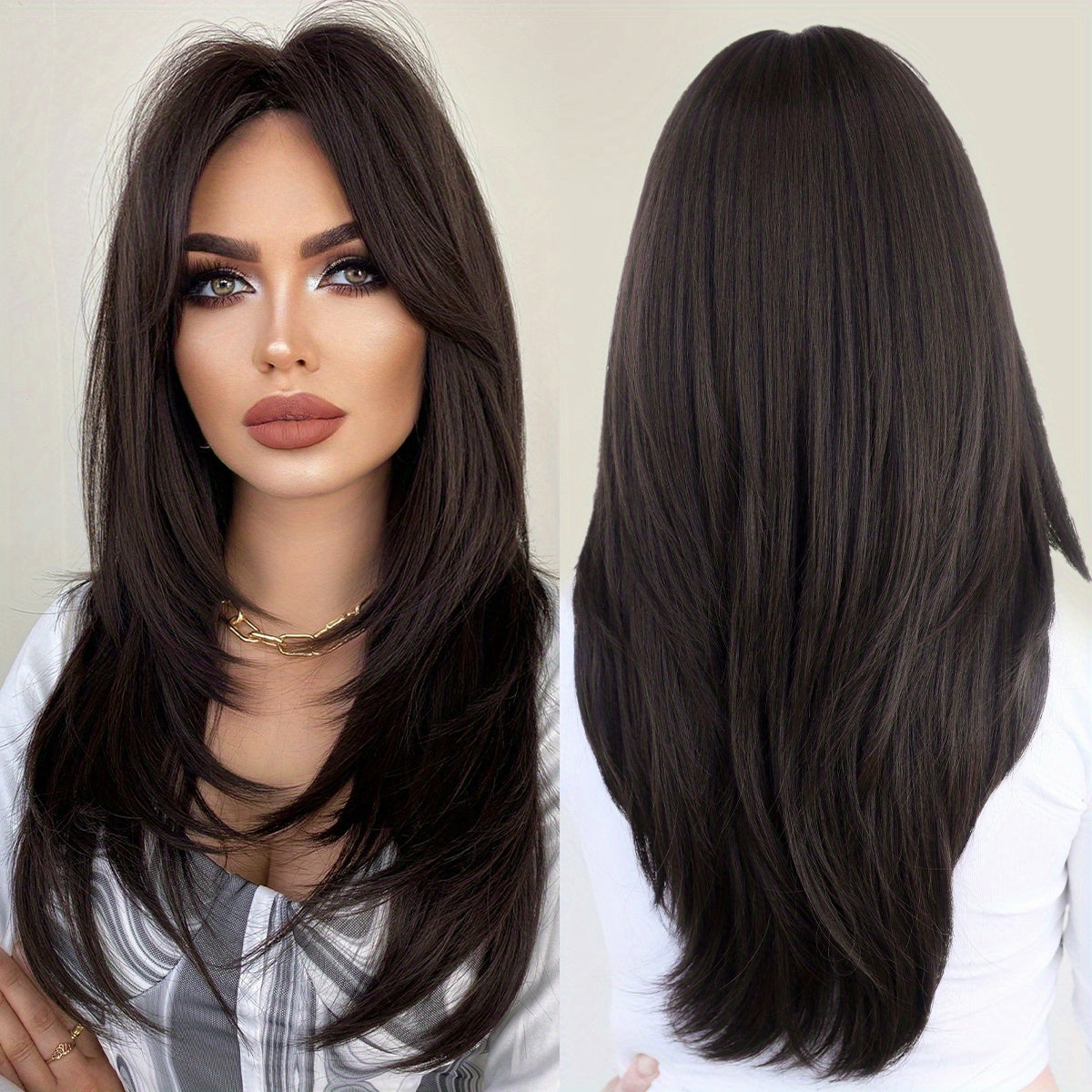 Heat Resistant Long Wavy Honey Blonde Wig with Bangs for Women - Natural Synthetic Brown Wig with Layered Style