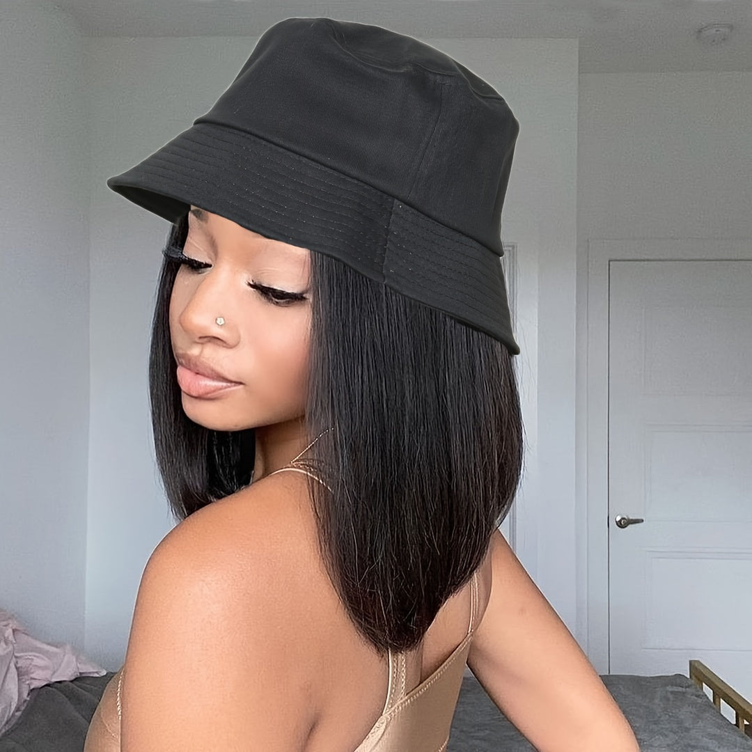 Short Straight Bob Hat Wig For Women Human Hair Bucket Hat Wig With Hair Extensions Attached For Women Girl Daily Wear Natural Black BY SMOOTHWIGS