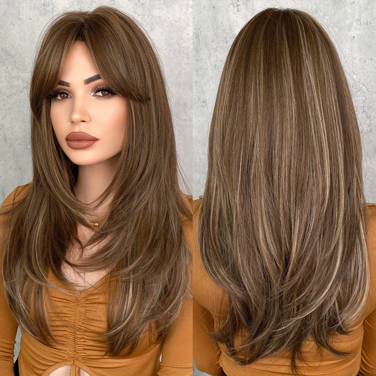 Heat Resistant Long Wavy Honey Blonde Wig with Bangs for Women - Natural Synthetic Brown Wig with Layered Style
