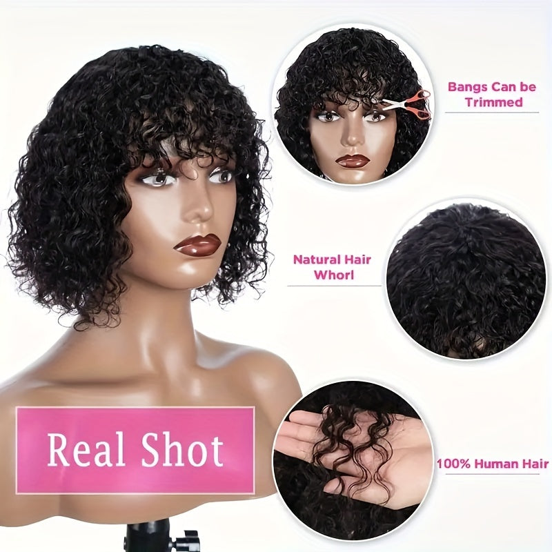 Natural Look 10inch Curly Human Hair Wig - Shoulder Length Wig With Bangs For Women - 180 Density