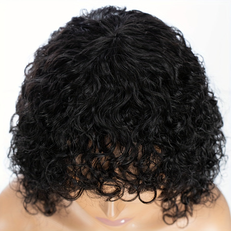 Natural Look 10inch Curly Human Hair Wig - Shoulder Length Wig With Bangs For Women - 180 Density