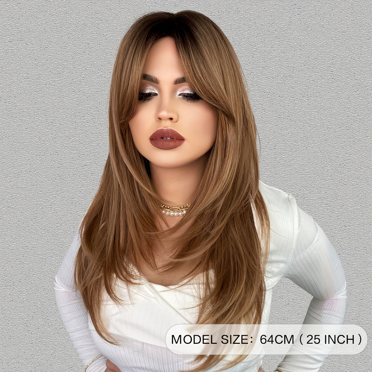 Heat Resistant Long Wavy Honey Blonde Wig with Bangs for Women - Natural Synthetic Brown Wig with Layered Style