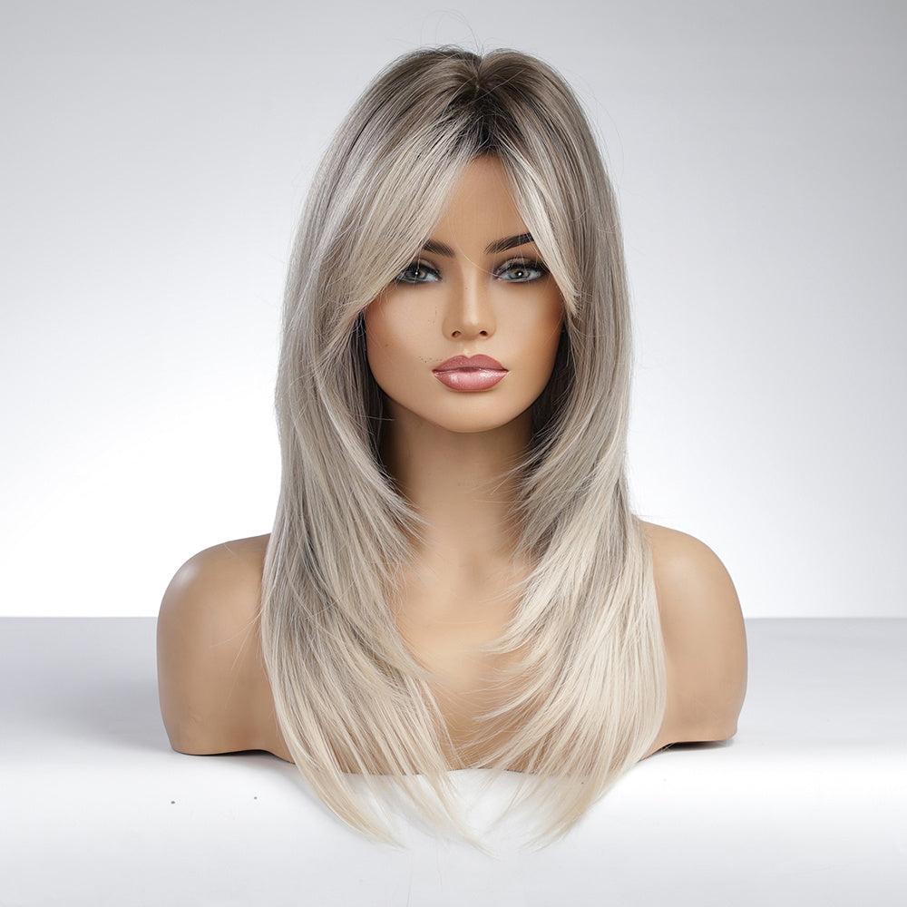 Heat Resistant Long Straight Gray Ombre Wig - Elegant Women's Layered Synthetic Wig with Rose Net Cap for Daily Use & Cosplay