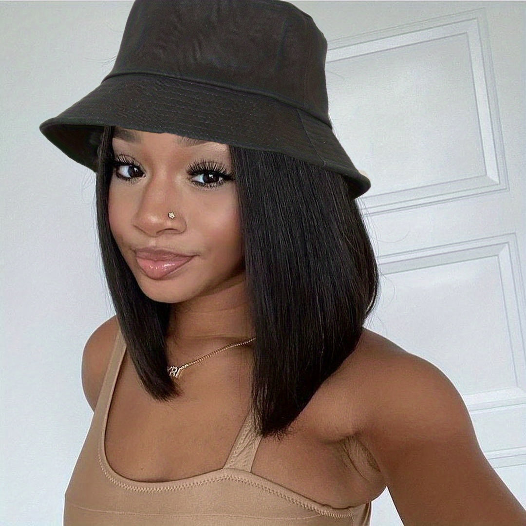 Short Straight Bob Hat Wig For Women Human Hair Bucket Hat Wig With Hair Extensions Attached For Women Girl Daily Wear Natural Black BY SMOOTHWIGS