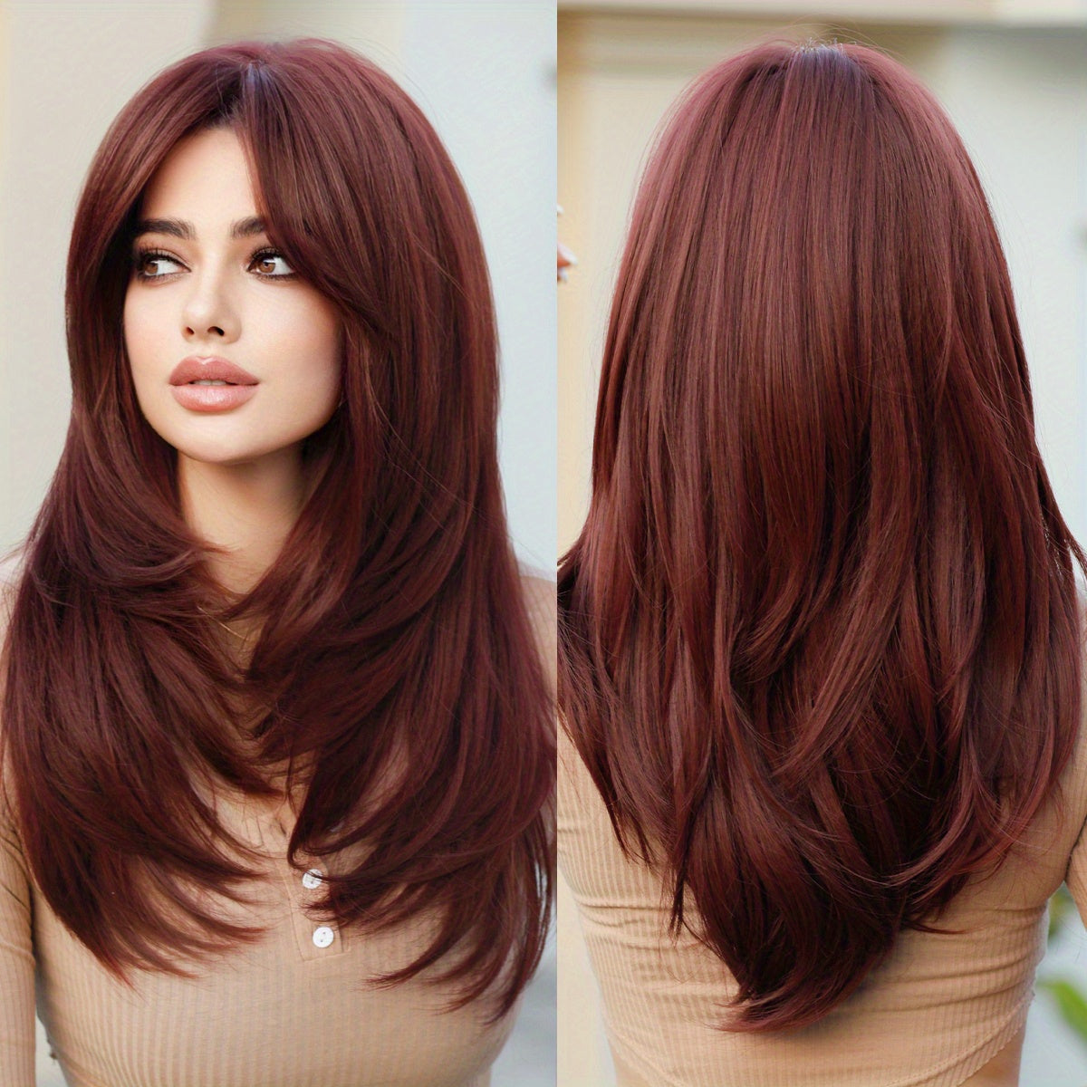 Heat Resistant Long Wavy Honey Blonde Wig with Bangs for Women - Natural Synthetic Brown Wig with Layered Style
