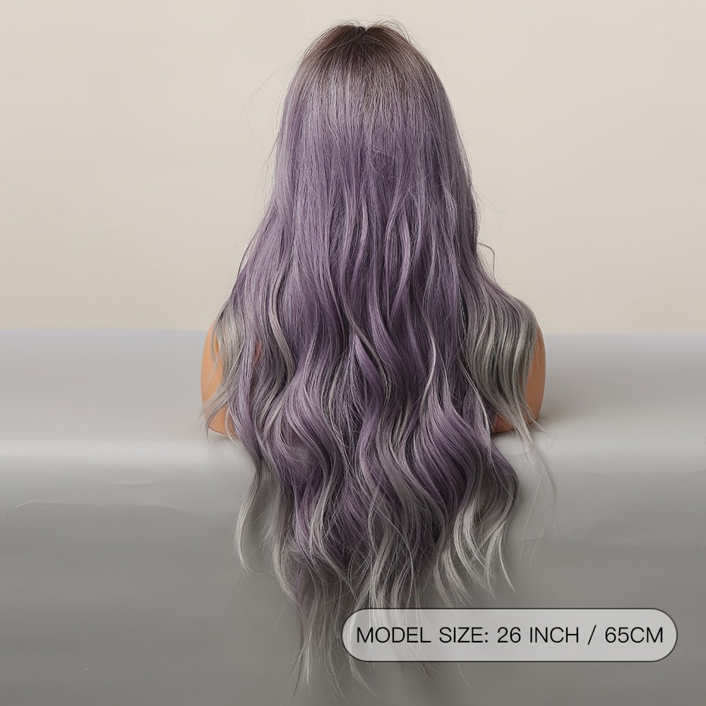 Luminous Butterfly Cut Ombre Purple Wig - Womens Long, Natural Wavy Synthetic Hair with Heat Resistant Fiber, Dark Brown Roots, and Flattering 26 Inch Middle Part