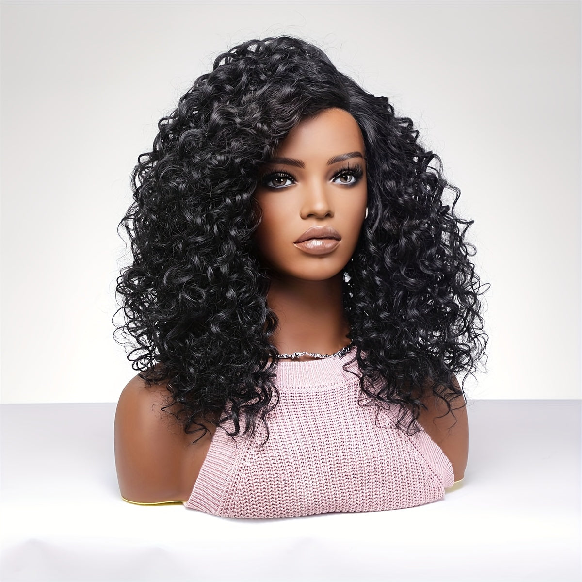 Heat Resistant Synthetic Wig with 130% Density and Long Afro Kinky Curly Wave Style - Matte Black with Bangs - Beginner Friendly
